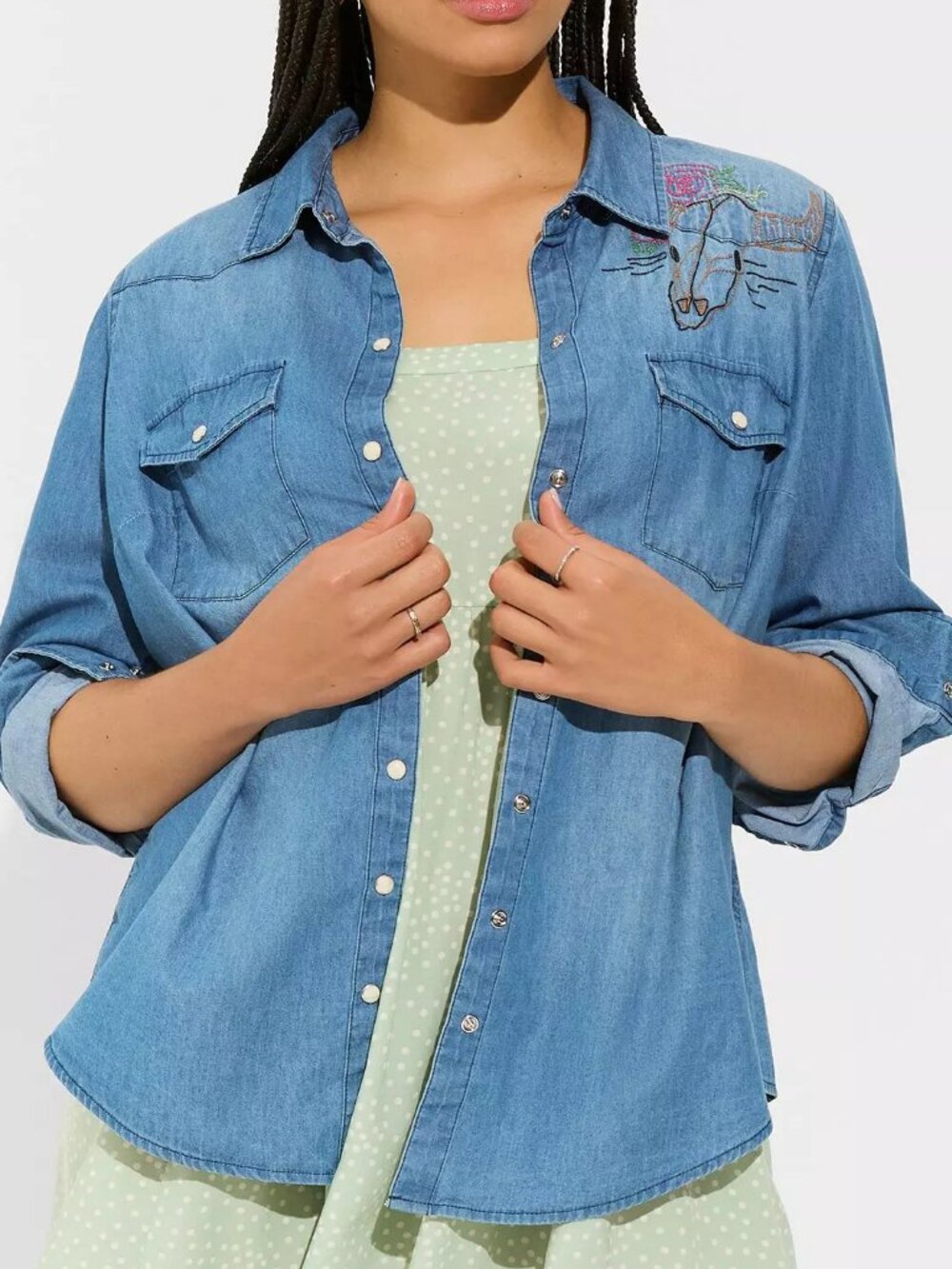 Torrid Denim Western Embroidered Shirt Women 1 Medium Wash Celestial Cow Skull